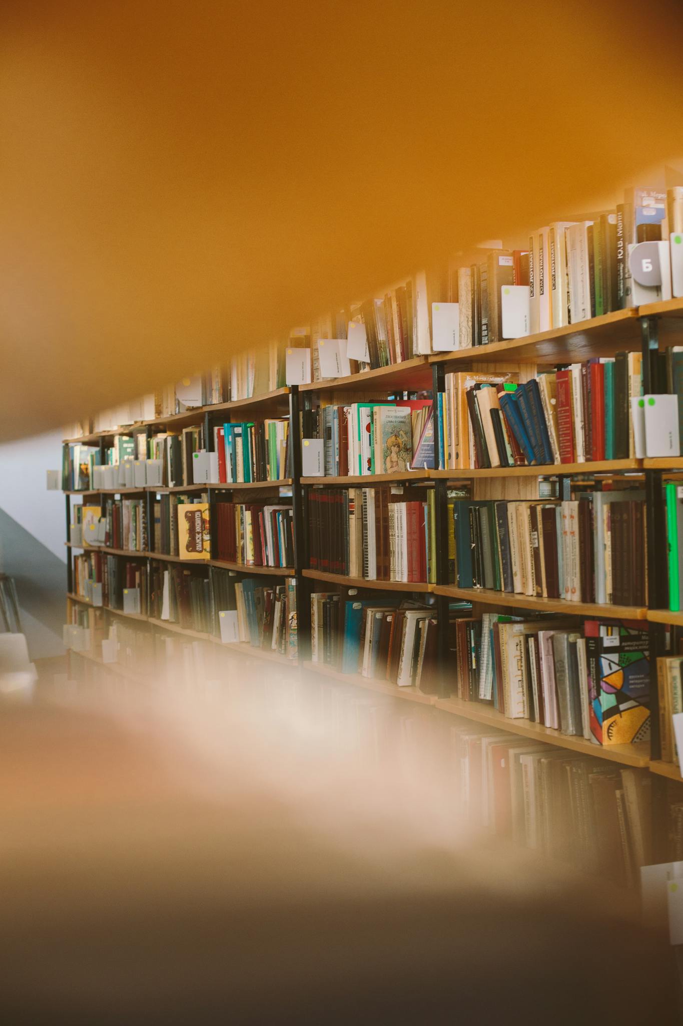 A warm, blurred view of a bookshelf in a cozy library setting, filled with books.